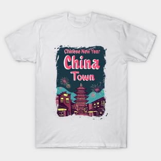 ChinaTown II: Retro Synthwave Fireworks - Vibrant Blues, Reds, and Yellows T-Shirt